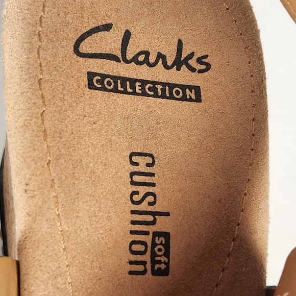 CLARKS Women’s Sandals Size 9 Black Wedge Cork Open Toe Shoes Cushion Soft - Picture 7 of 10